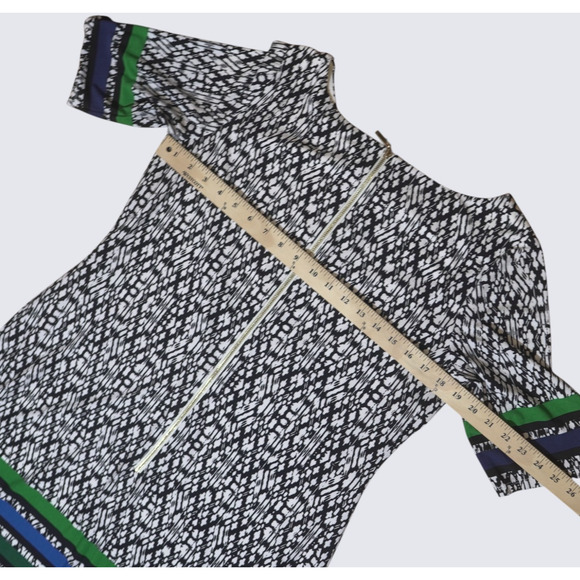 Eliza J Shift Dress Sz 14 Eclectic Print with Striped Trim Gold Zip Short Sleeve - Picture 15 of 16